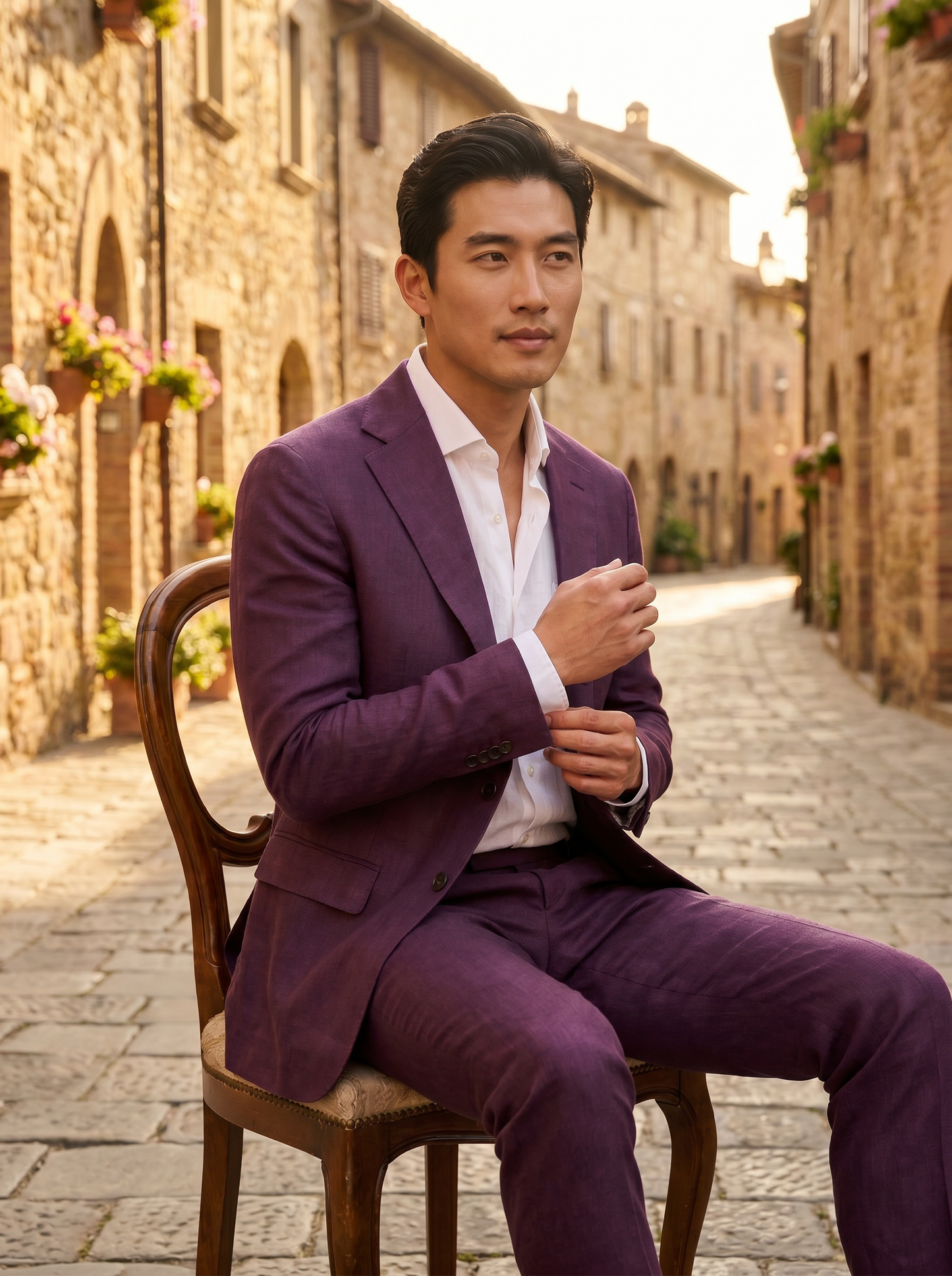 Purple Linen Suit — Custom Made to Measure - seated view