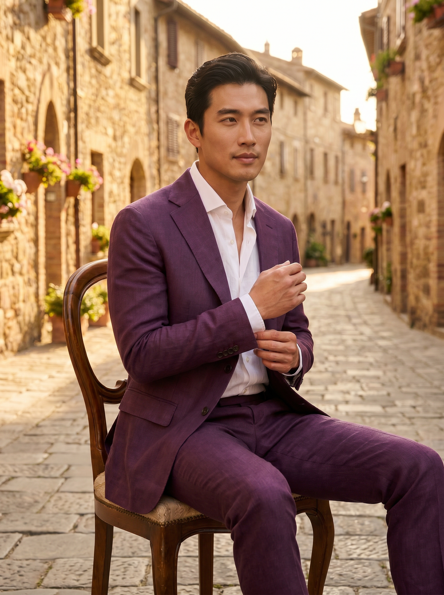 Purple Linen Suit — Custom Made to Measure - seated view