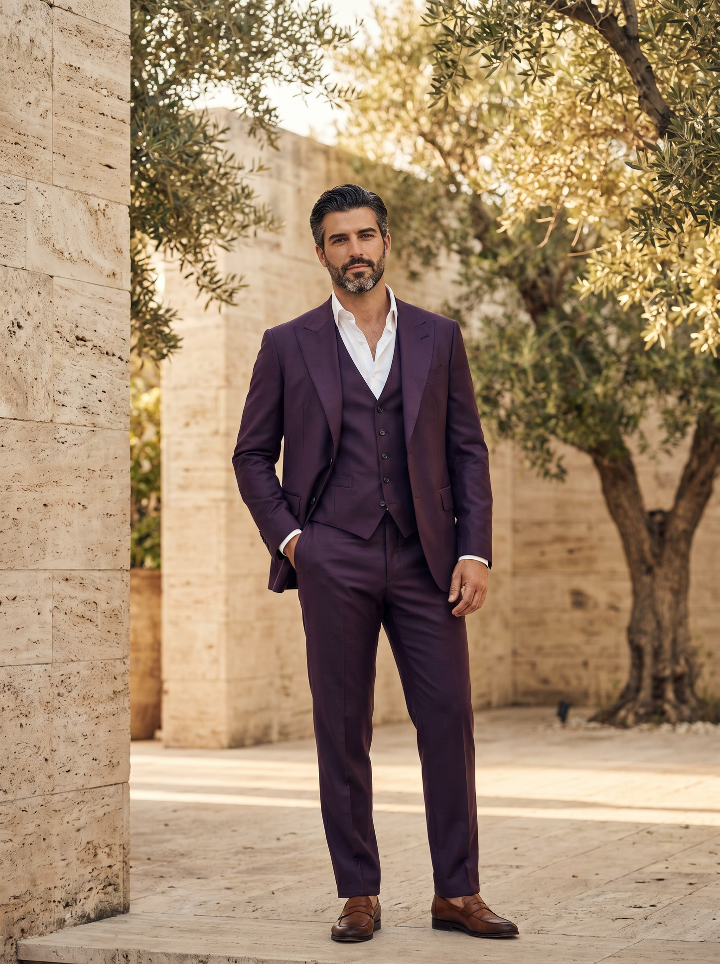 Purple Silk Blend 3-Piece Suit — Custom Made to Measure - front view