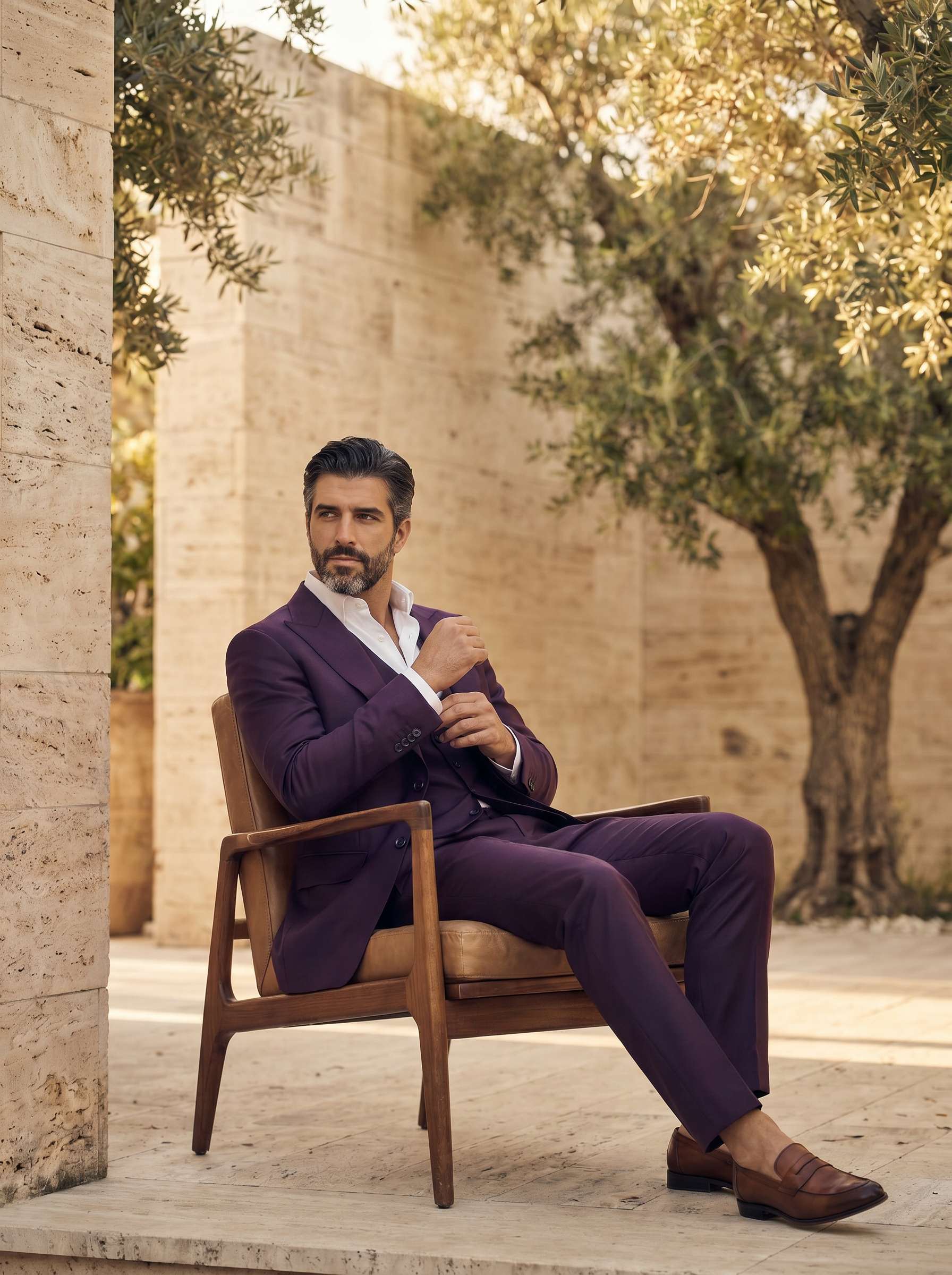 Purple Silk Blend 3-Piece Suit — Custom Made to Measure - seated view