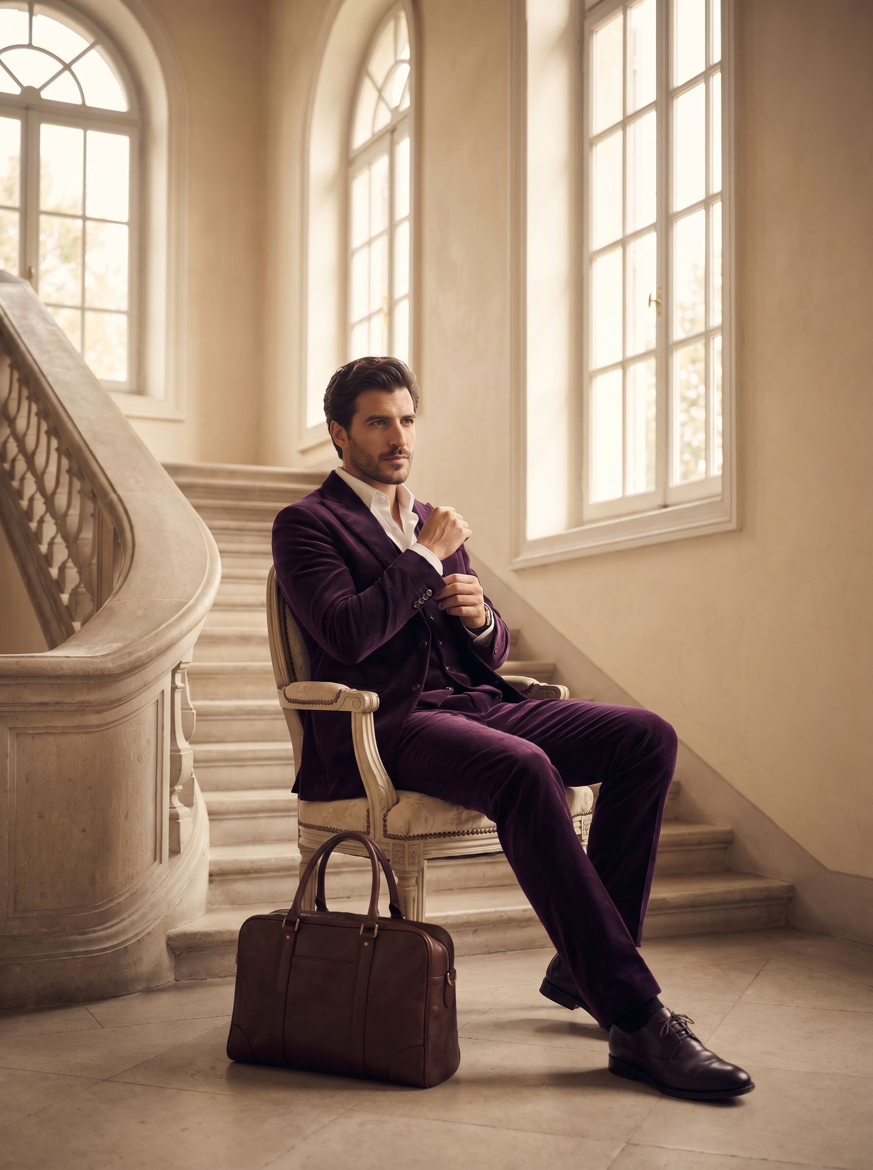 Purple Velvet 3-Piece Suit — Custom Made to Measure - seated view