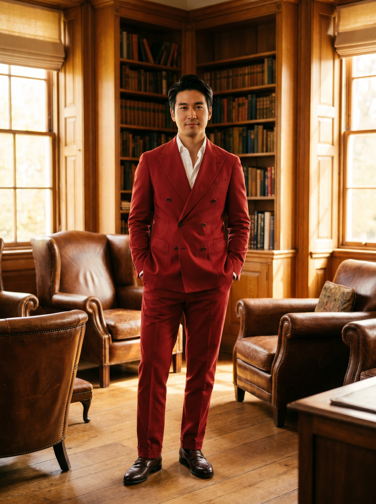 Red Cotton Double Breasted Suit — Custom Made to Measure - front view