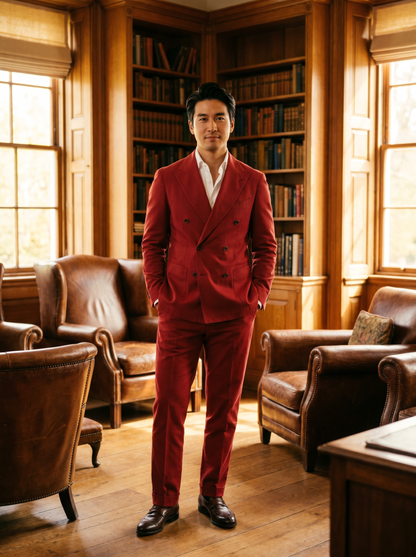 Red Cotton Double Breasted Suit — Custom Made to Measure - front view