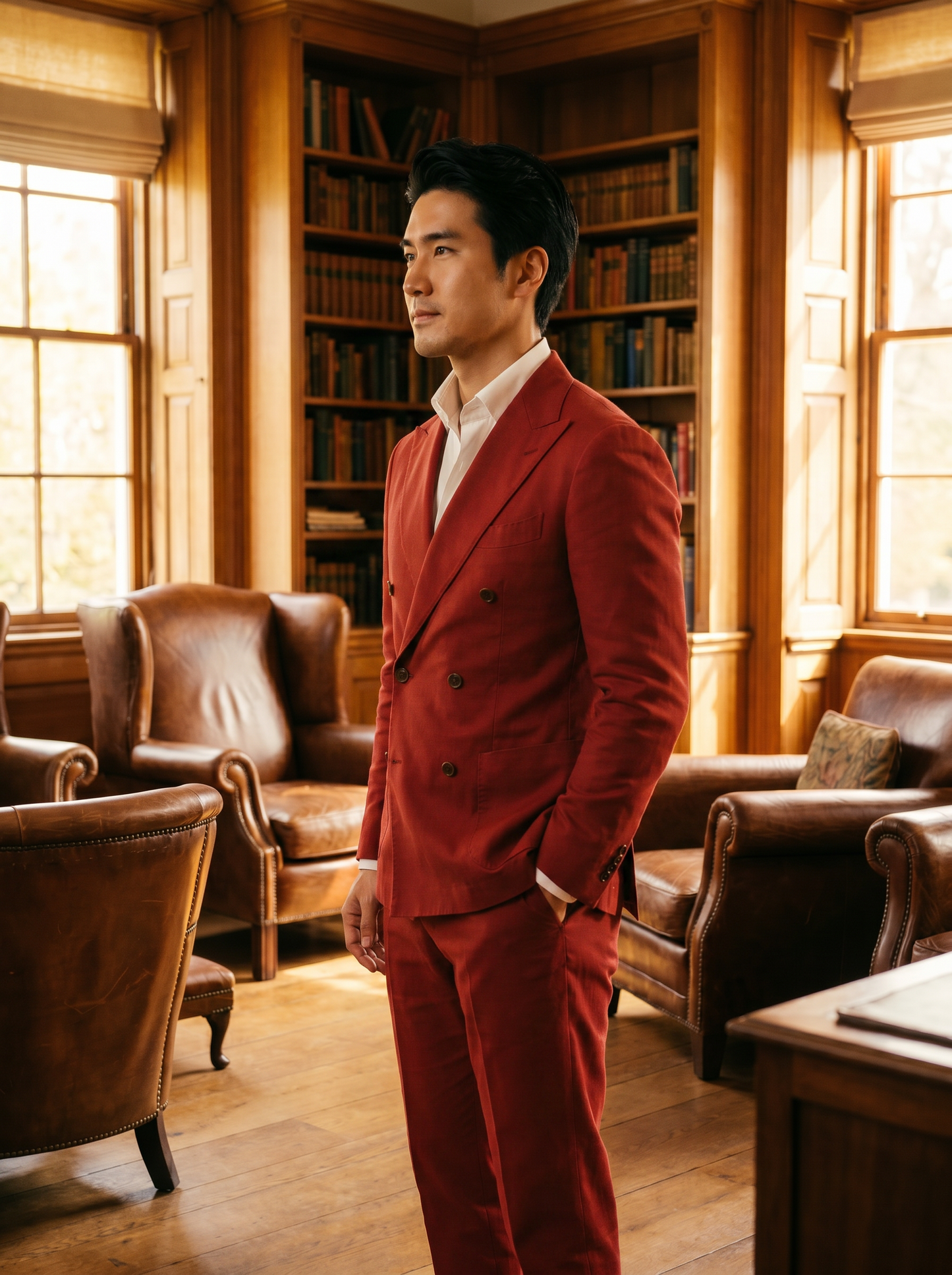 Red Cotton Double Breasted Suit — Custom Made to Measure - side view