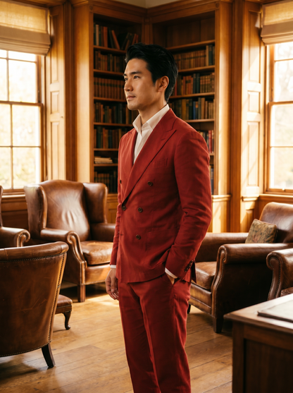 Red Cotton Double Breasted Suit — Custom Made to Measure - side view