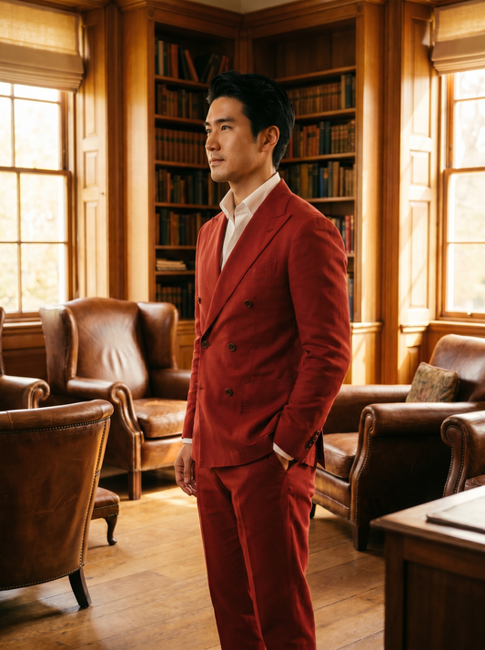 Red Cotton Double Breasted Suit — Custom Made to Measure - side view