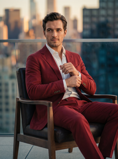 Red Cotton Graduation Suit — Custom Made to Measure - seated view