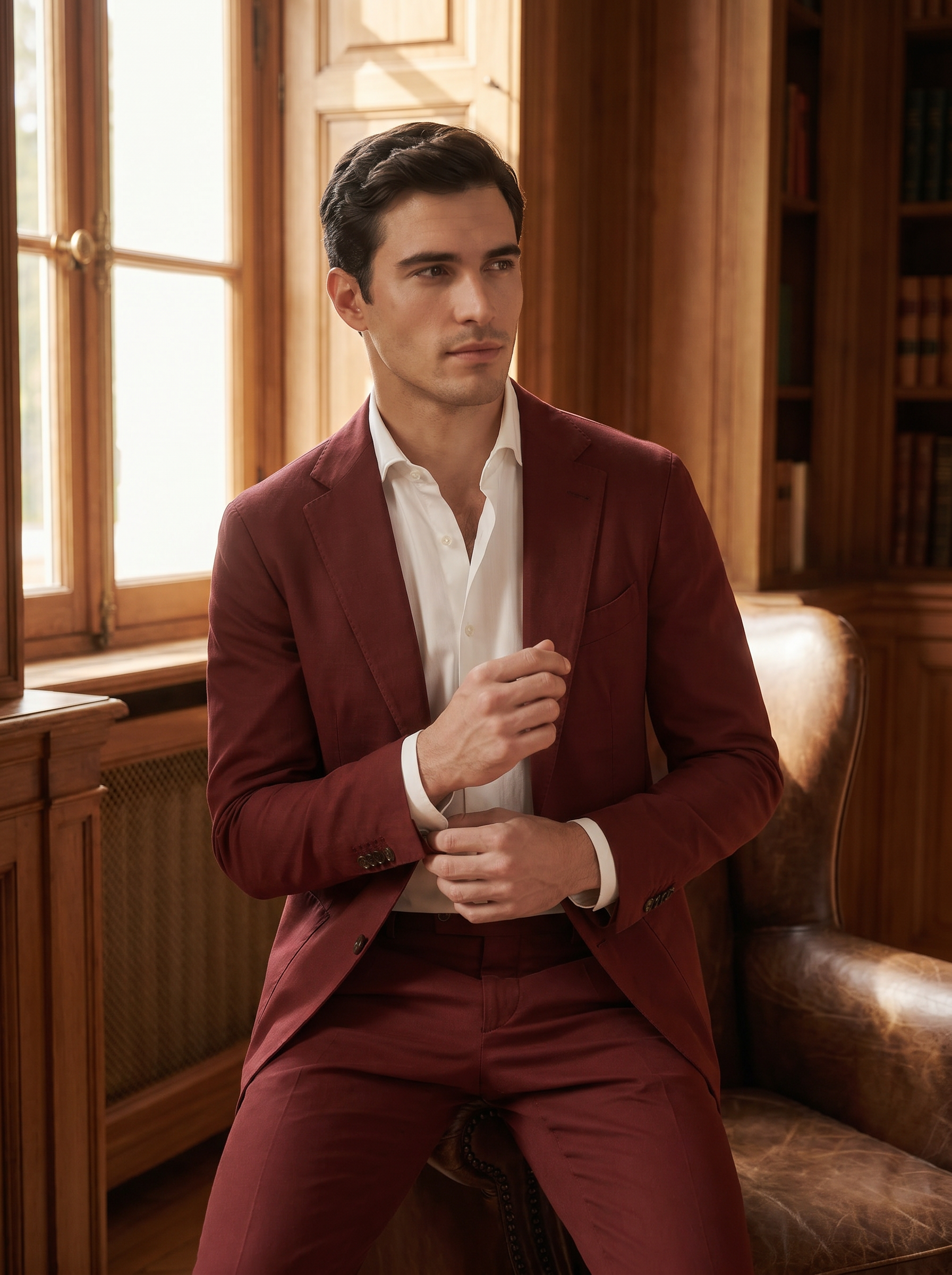 Red Cotton Suit — Custom Made to Measure - seated view