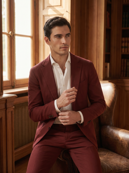 Red Cotton Suit — Custom Made to Measure - seated view