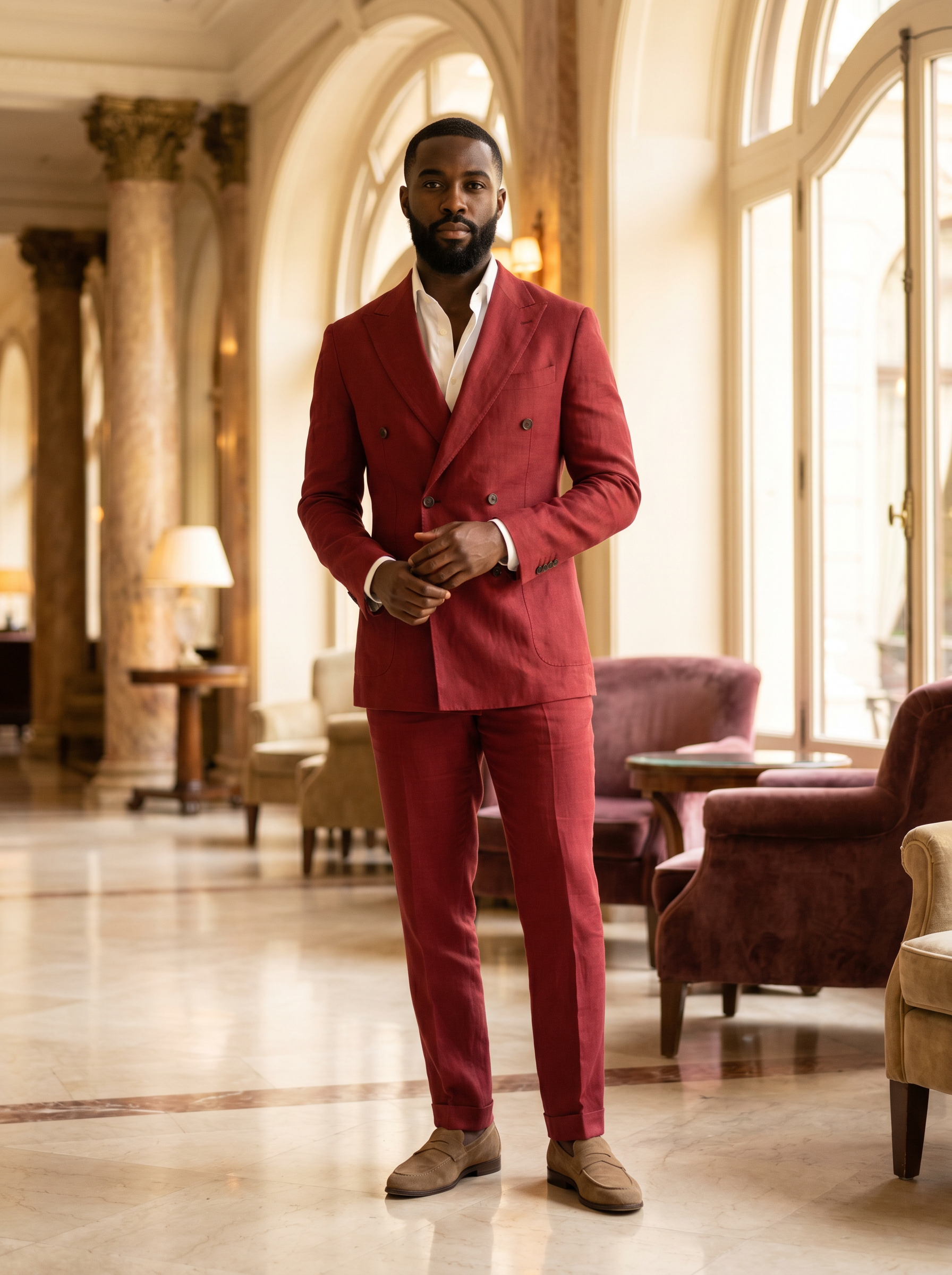 Red Linen Double Breasted Suit — Custom Made to Measure - front view