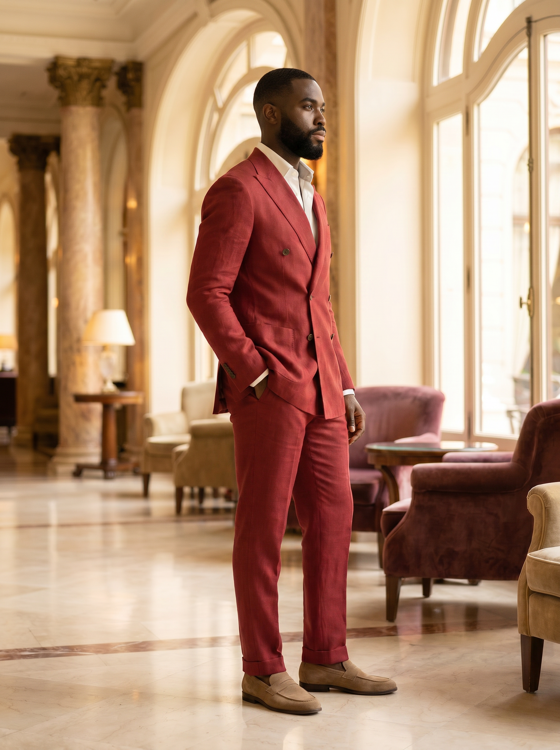 Red Linen Double Breasted Suit — Custom Made to Measure - side view