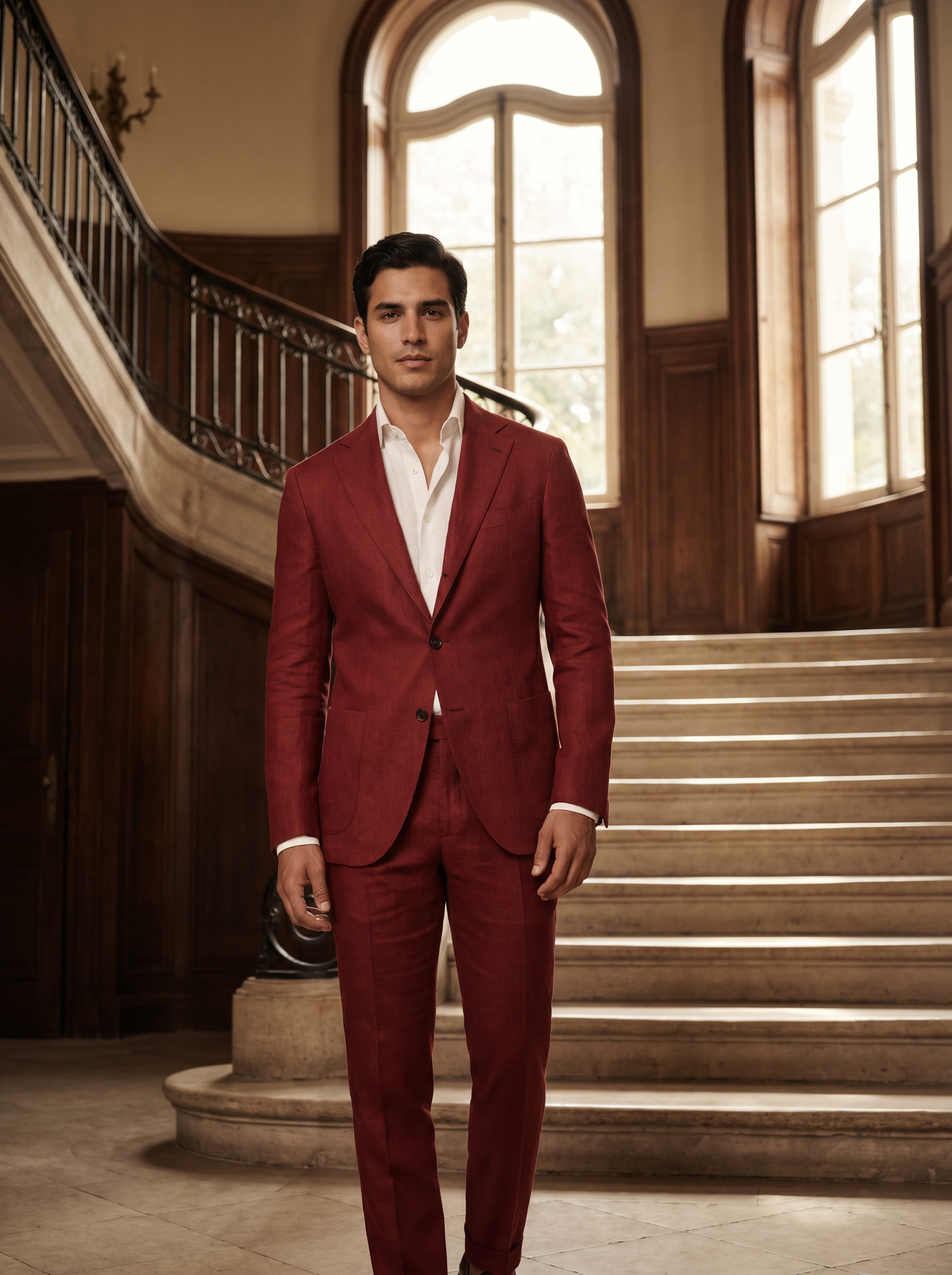 Red Linen Groomsmen Suit — Custom Made to Measure - front view