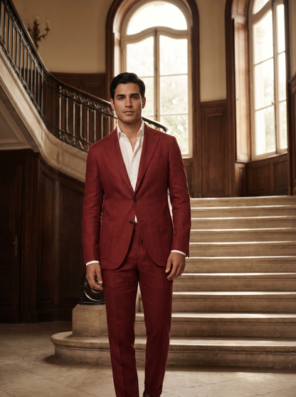 Red Linen Groomsmen Suit — Custom Made to Measure - front view
