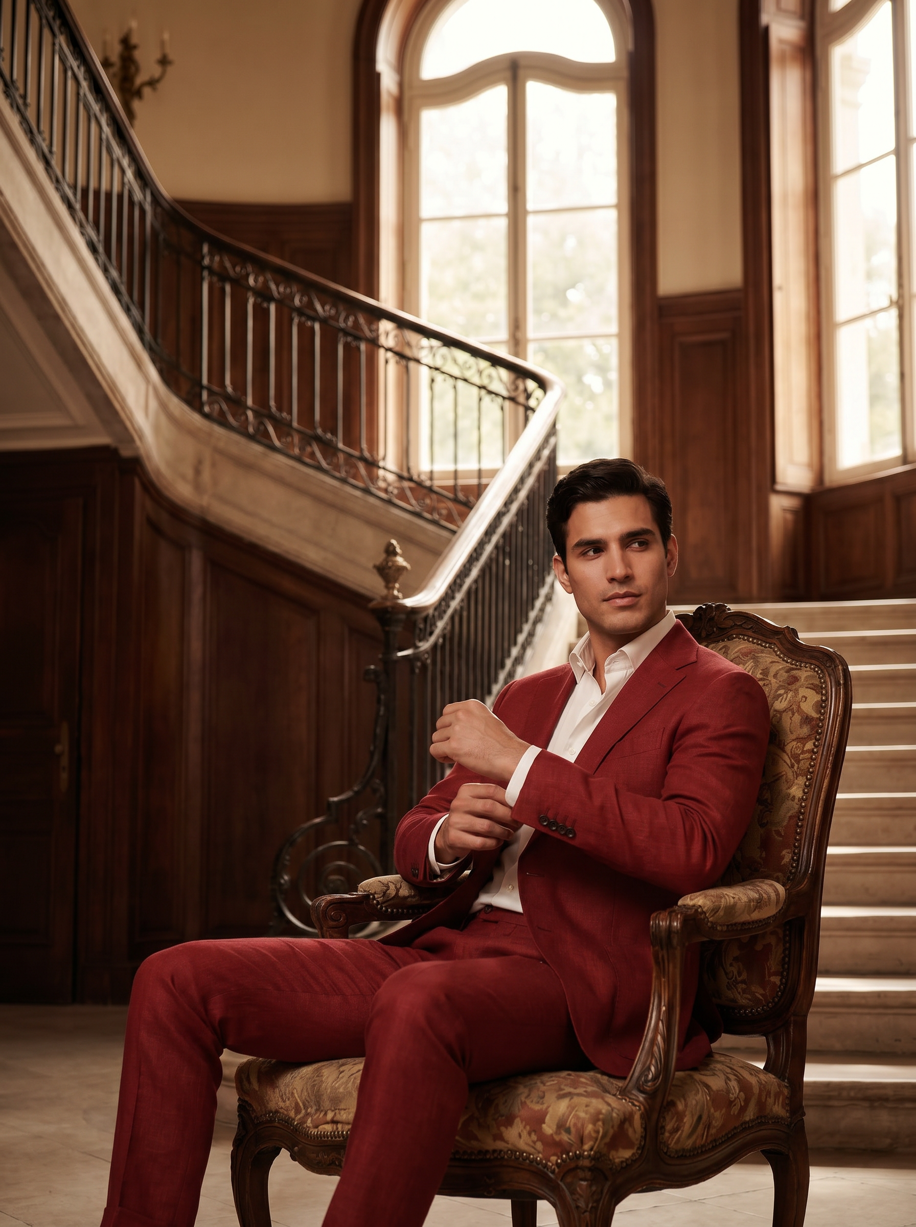 Red Linen Groomsmen Suit — Custom Made to Measure - seated view