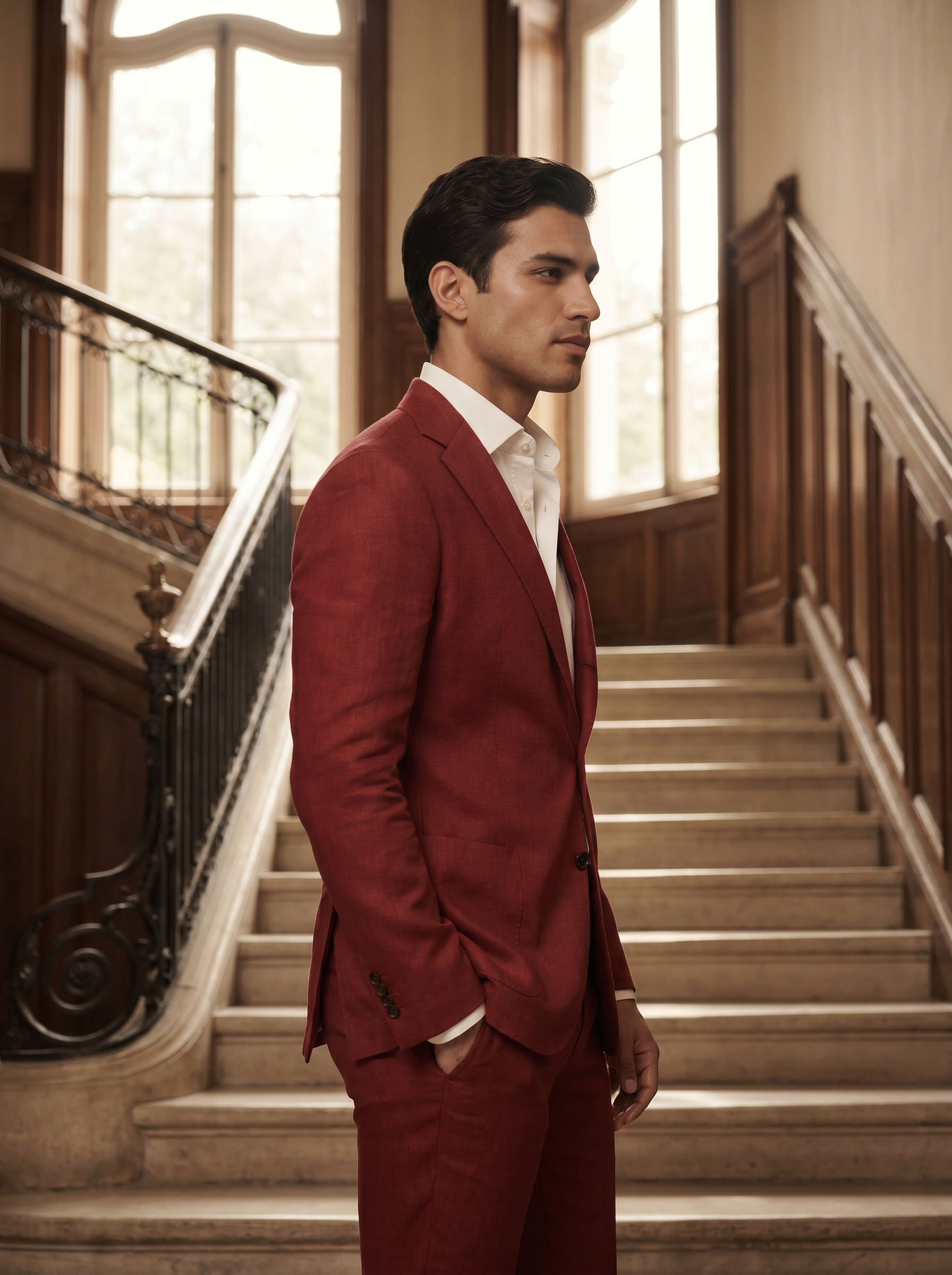 Red Linen Groomsmen Suit — Custom Made to Measure - side view