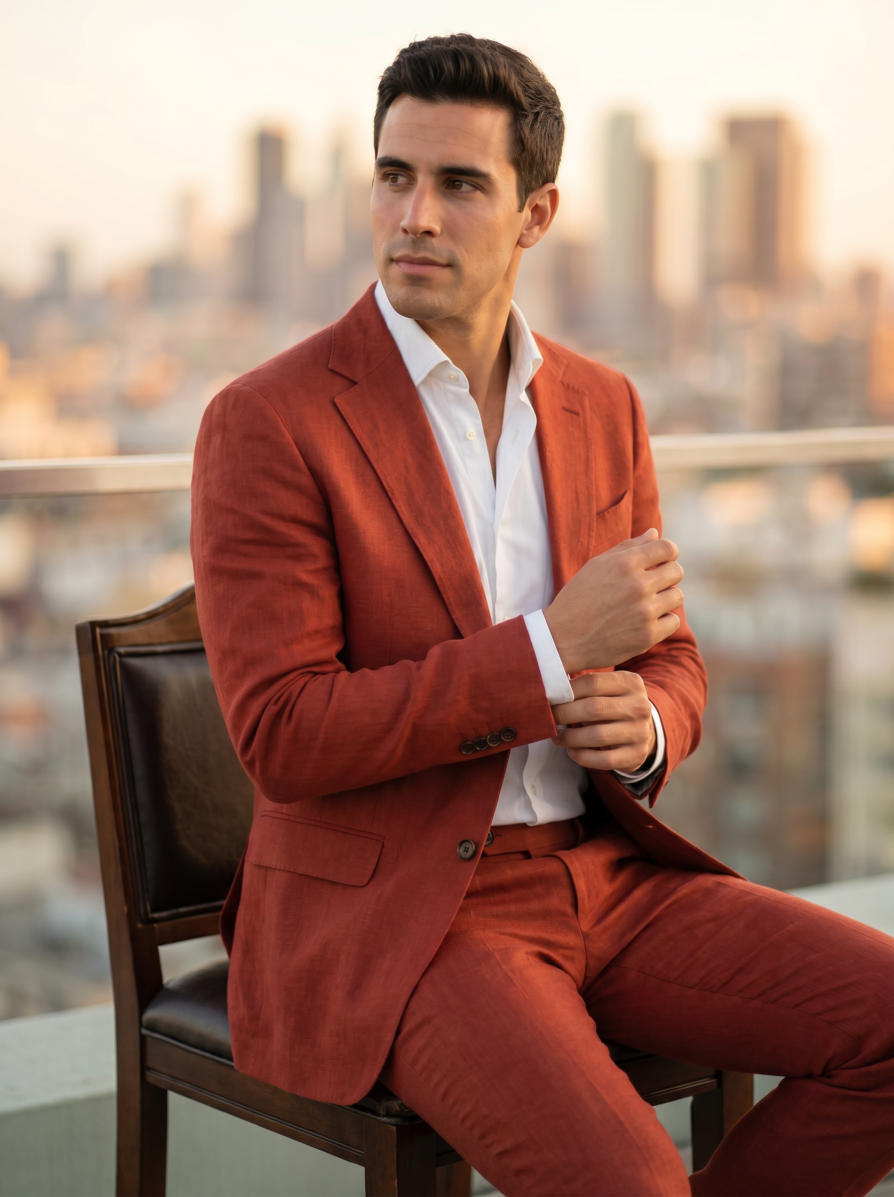 Red Linen Suit — Custom Made to Measure - seated view