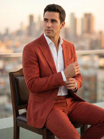 Red Linen Suit — Custom Made to Measure - seated view