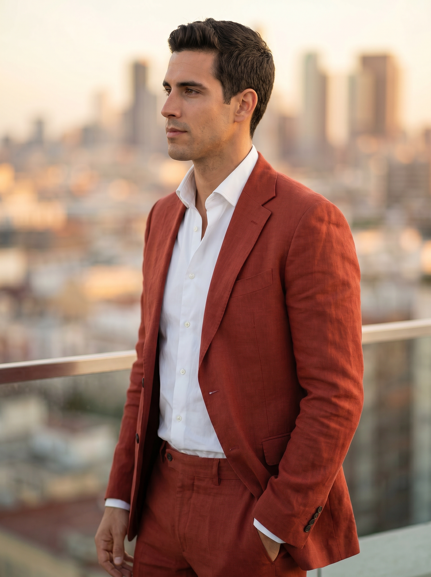 Red Linen Suit — Custom Made to Measure - side view