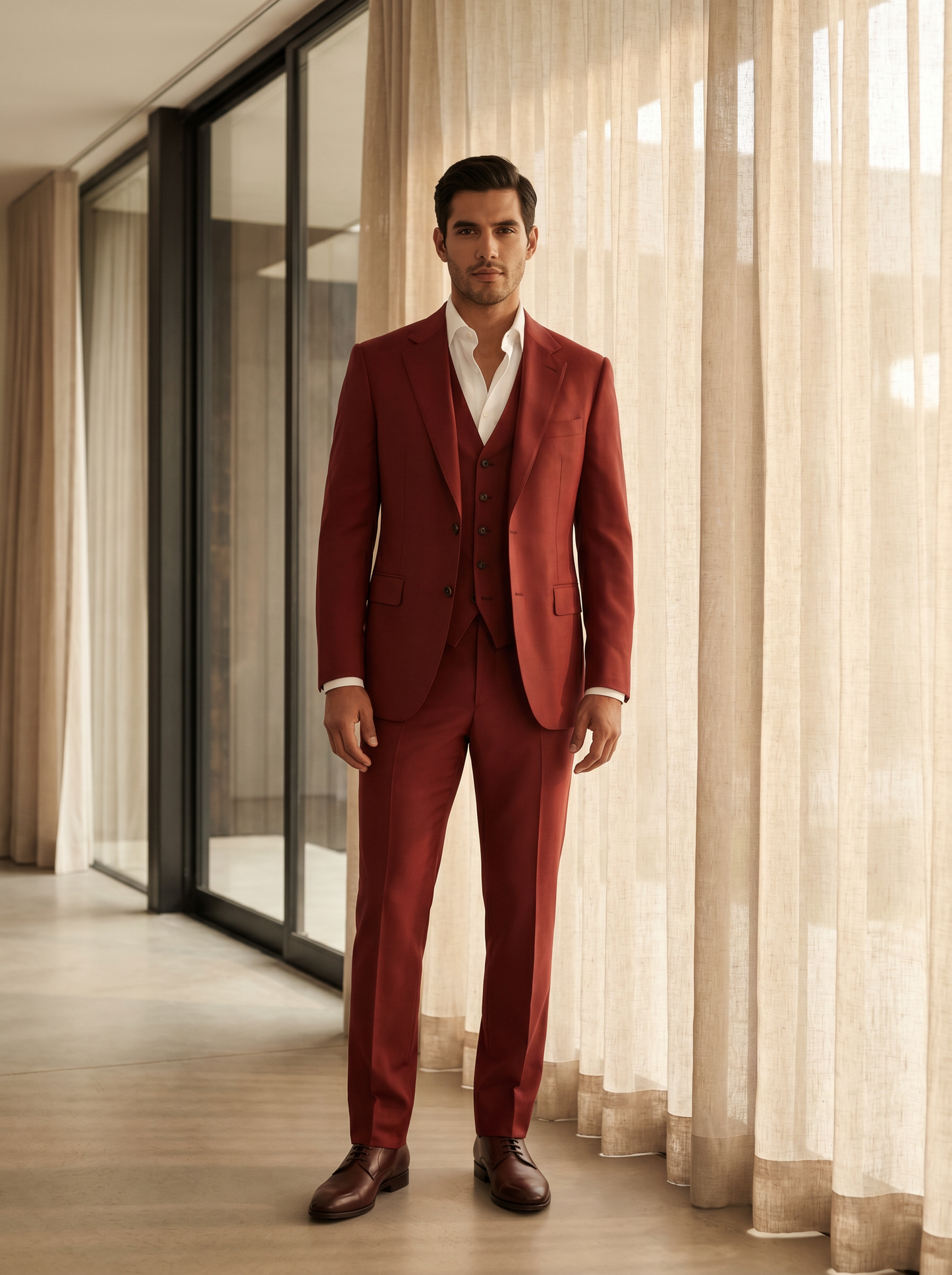Red Silk Blend 3-Piece Suit — Custom Made to Measure - front view