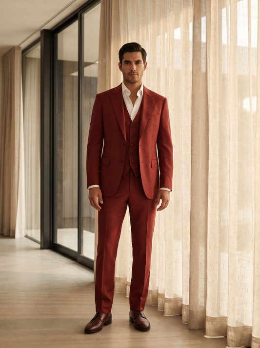 Red Silk Blend 3-Piece Suit — Custom Made to Measure - front view