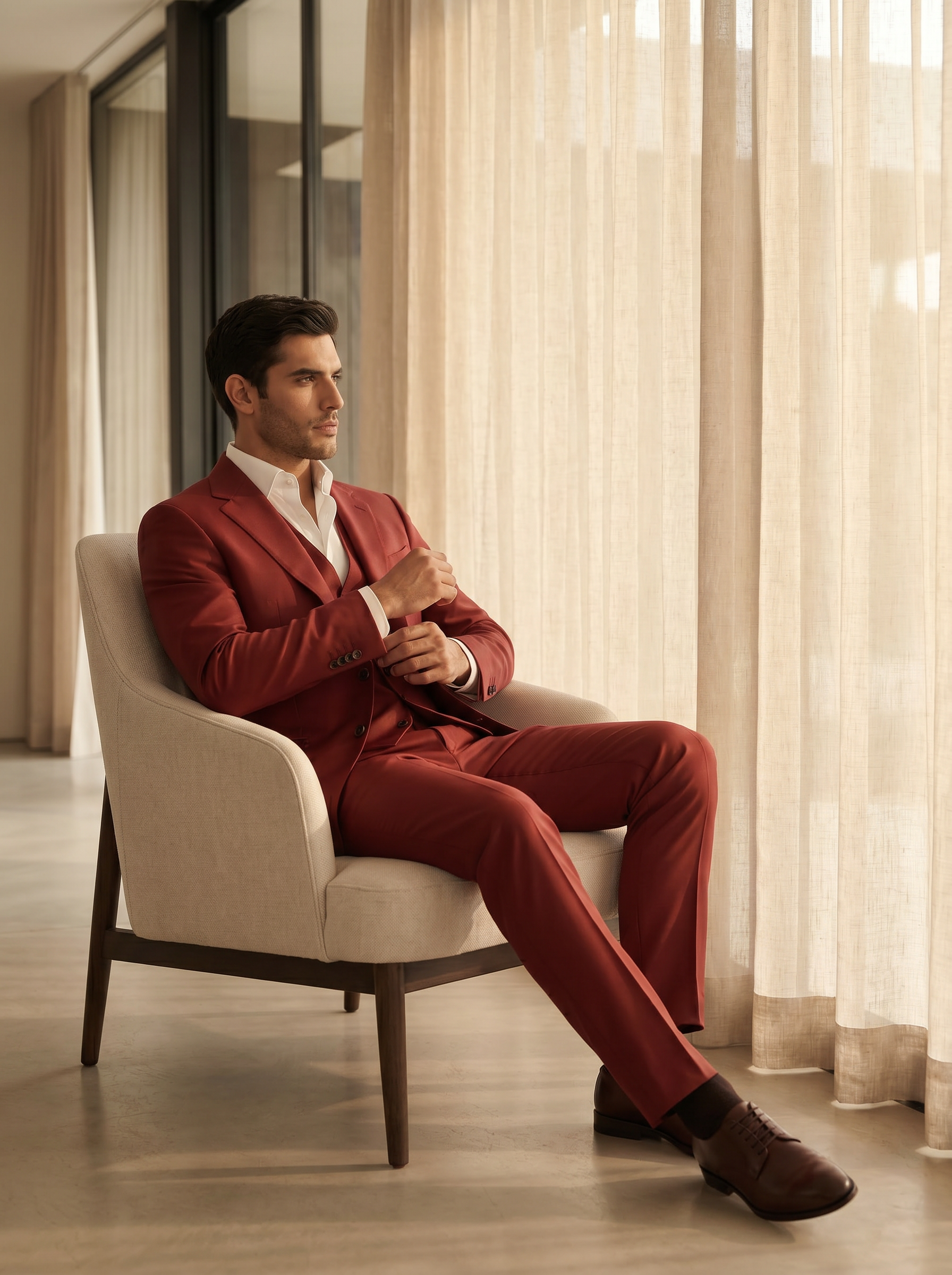 Red Silk Blend 3-Piece Suit — Custom Made to Measure - seated view