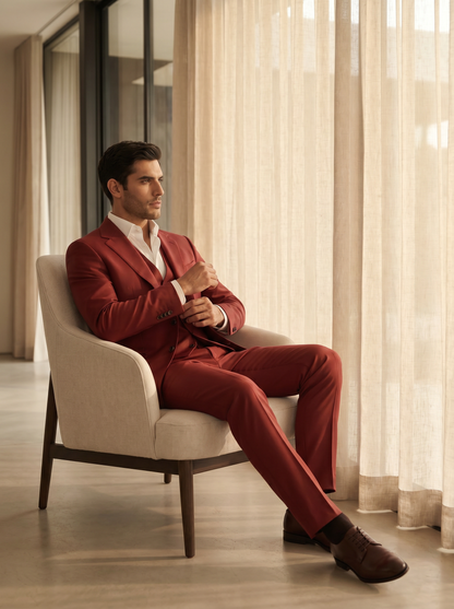 Red Silk Blend 3-Piece Suit — Custom Made to Measure - seated view