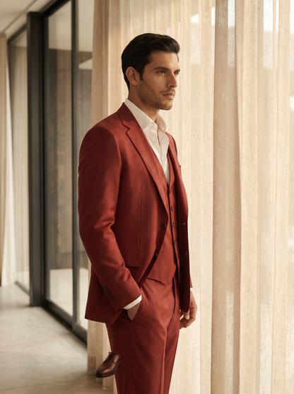 Red Silk Blend 3-Piece Suit — Custom Made to Measure - side view