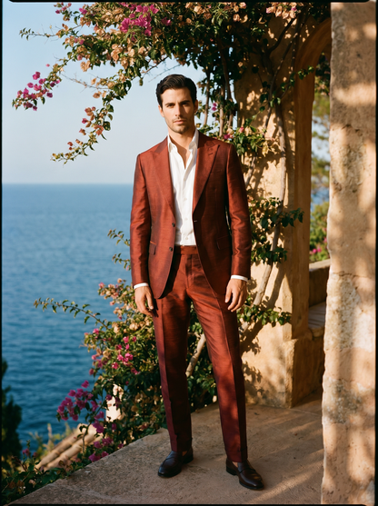 Red Silk Blend Suit — Custom Made to Measure - front view