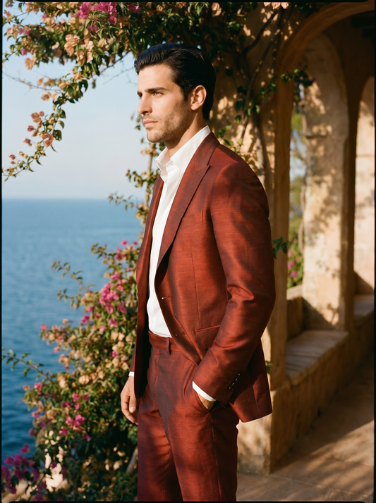 Red Silk Blend Suit — Custom Made to Measure - side view