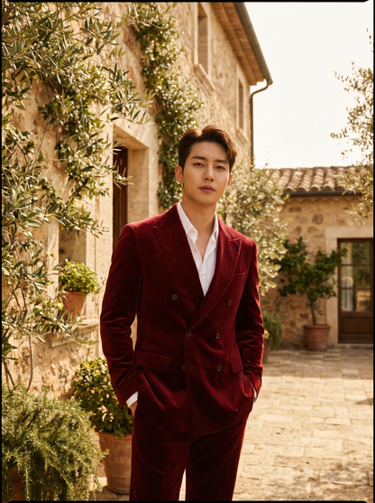 Red Velvet Double Breasted Suit — Custom Made to Measure - front view