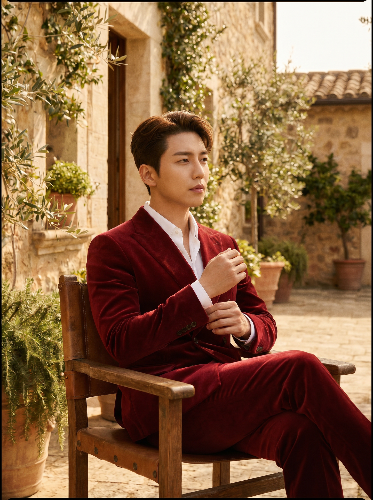 Red Velvet Double Breasted Suit — Custom Made to Measure - seated view
