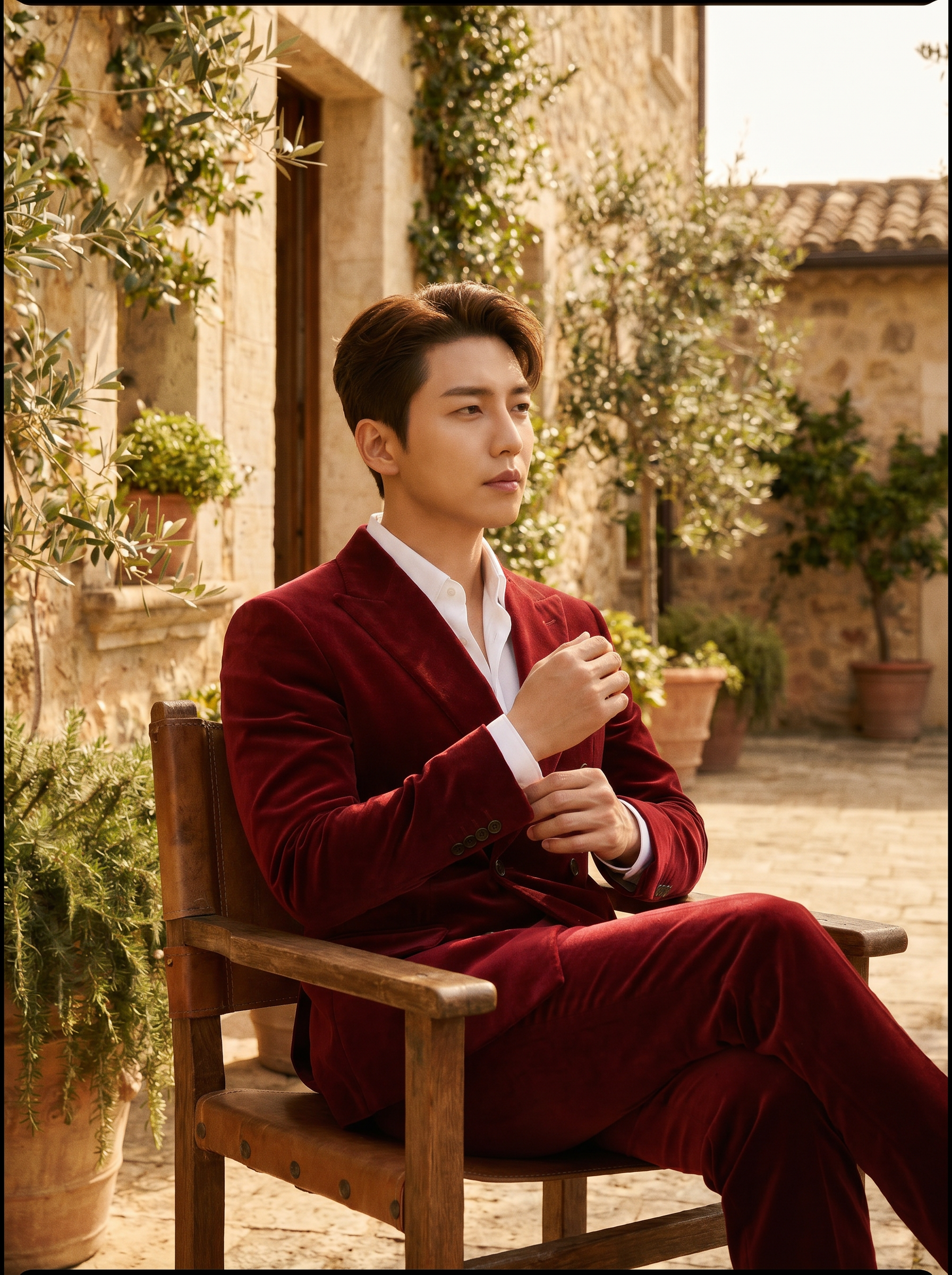 Red Velvet Double Breasted Suit — Custom Made to Measure - seated view
