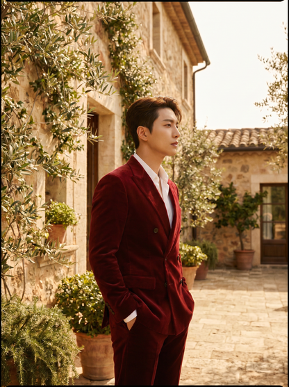 Red Velvet Double Breasted Suit — Custom Made to Measure - side view