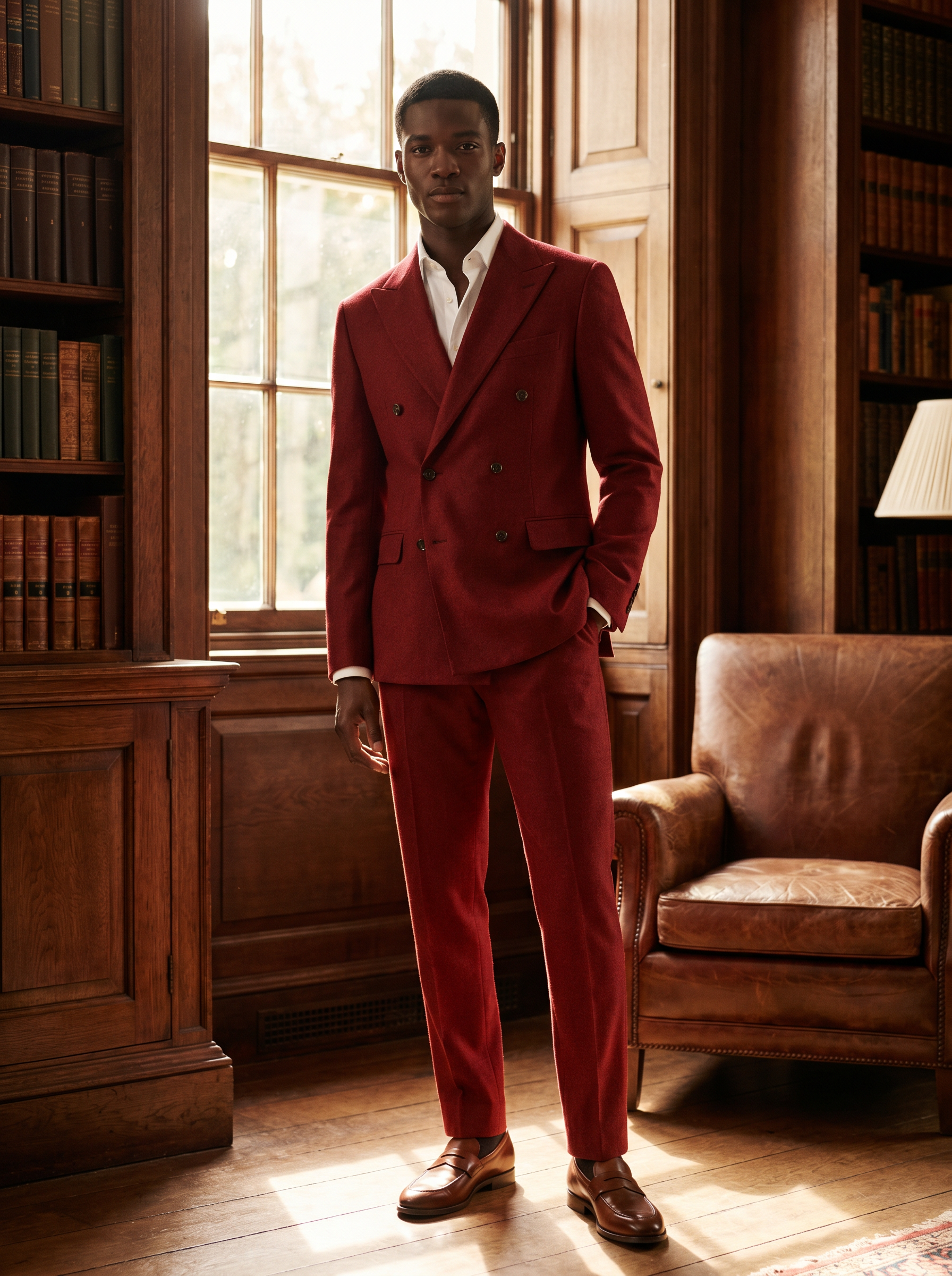 Red Wool Double Breasted Suit — Custom Made to Measure - front view