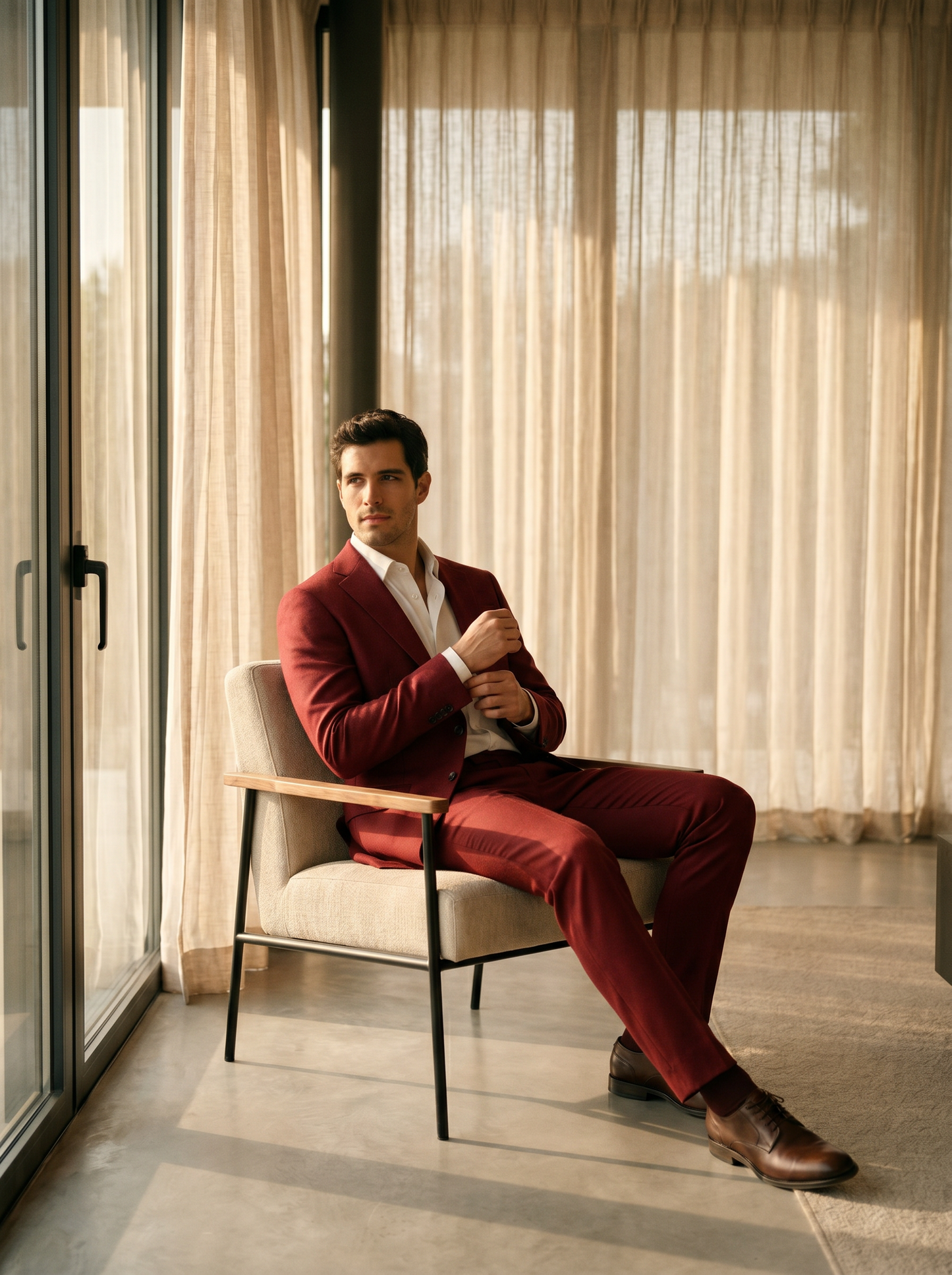 Red Wool Suit — Custom Made to Measure - seated view