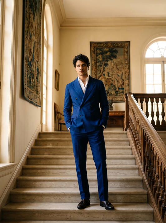 Royal Blue Cotton Double Breasted Suit — Custom Made to Measure - front view
