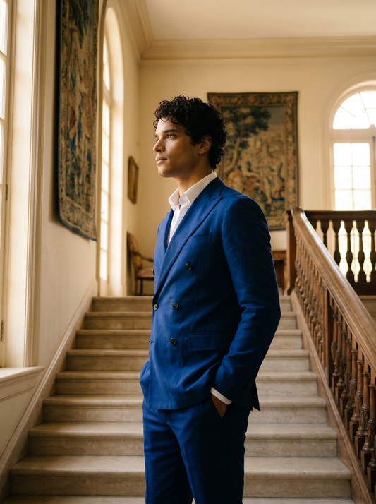Royal Blue Cotton Double Breasted Suit — Custom Made to Measure - side view