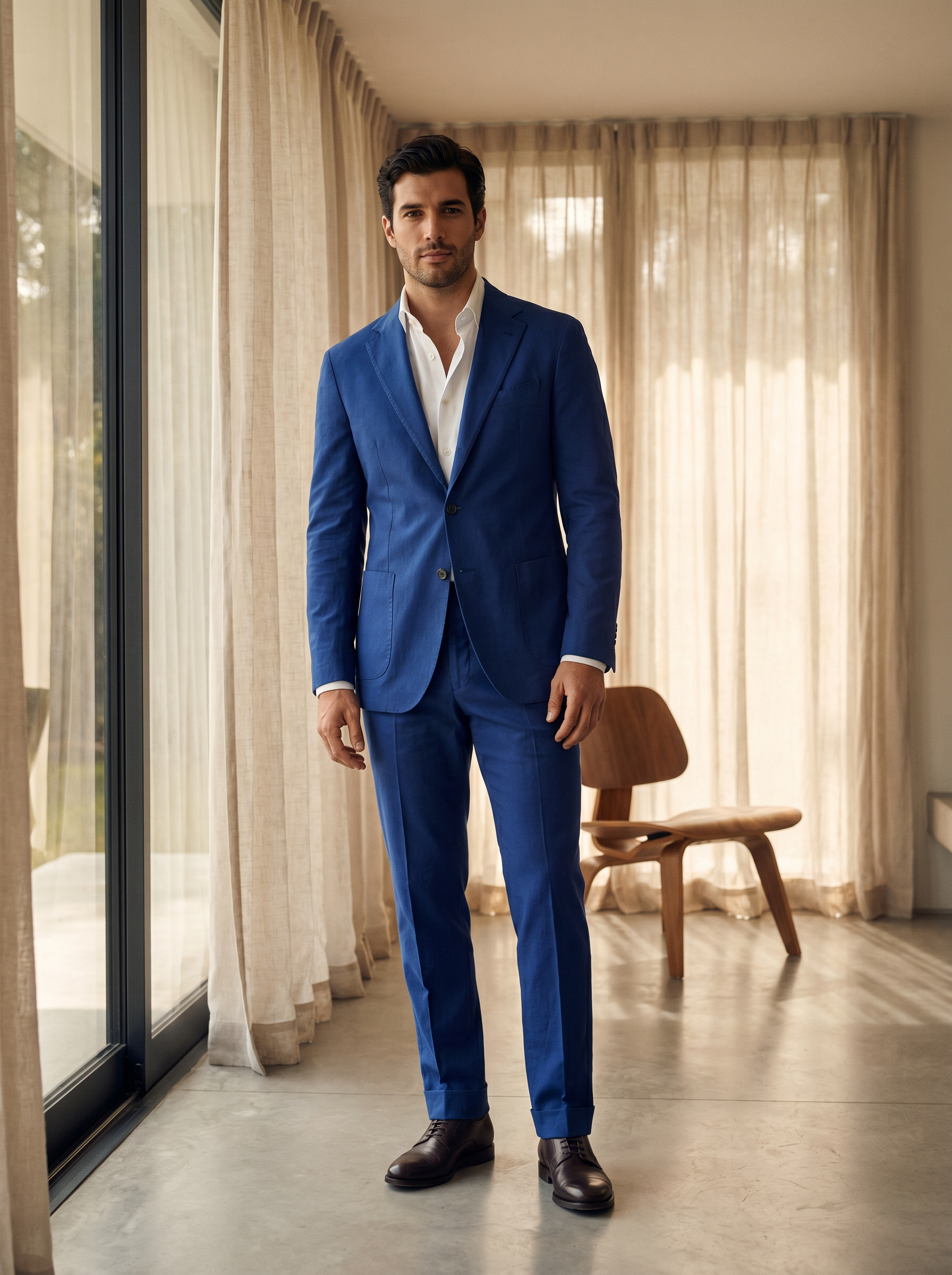 Royal Blue Cotton Groomsmen Suit — Custom Made - front view
