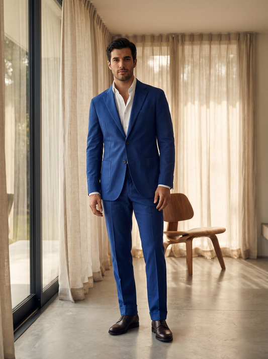 Royal Blue Cotton Groomsmen Suit — Custom Made - front view