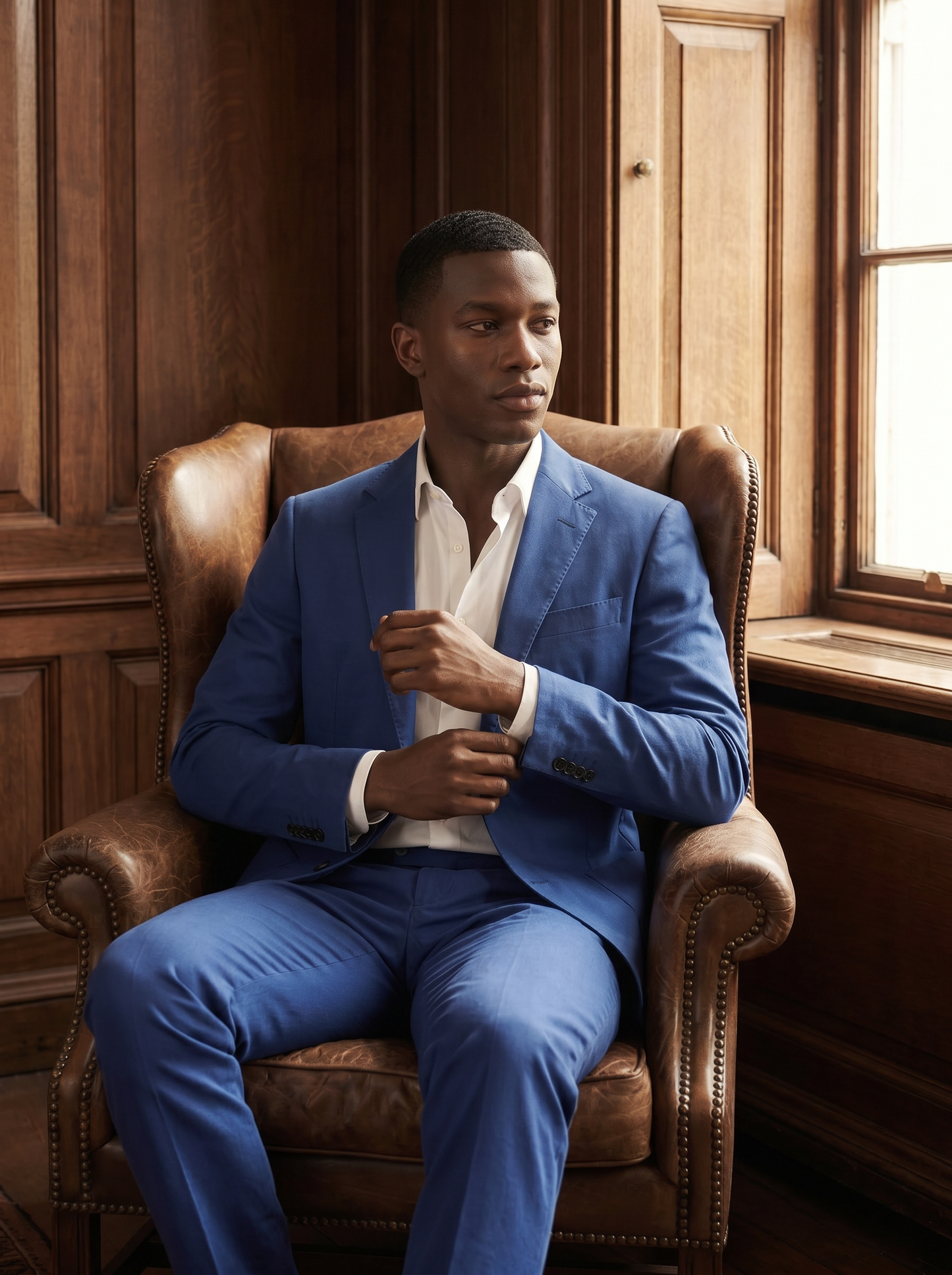Royal Blue Cotton Suit — Custom Made to Measure - seated view