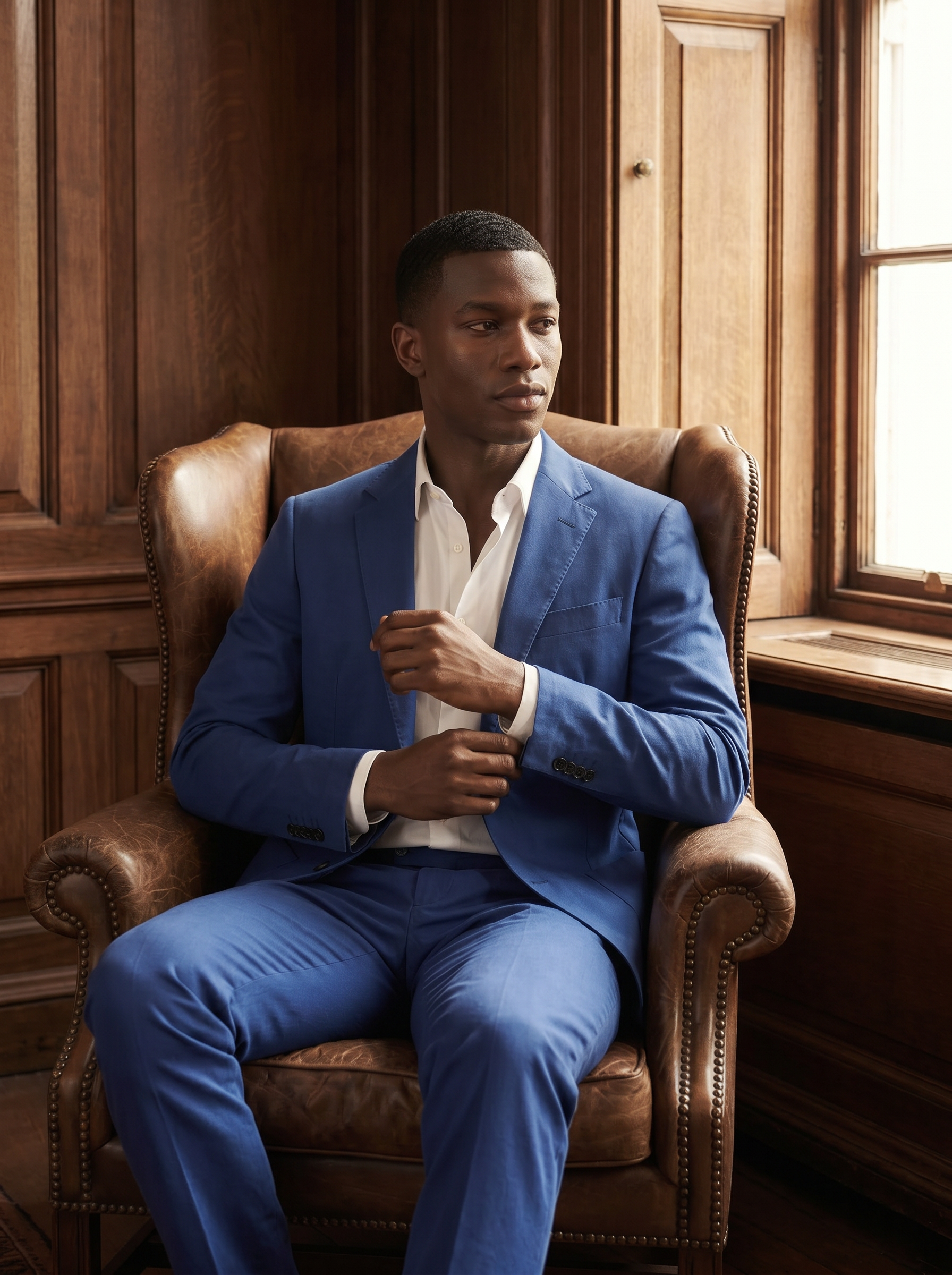 Royal Blue Cotton Suit — Custom Made to Measure - seated view