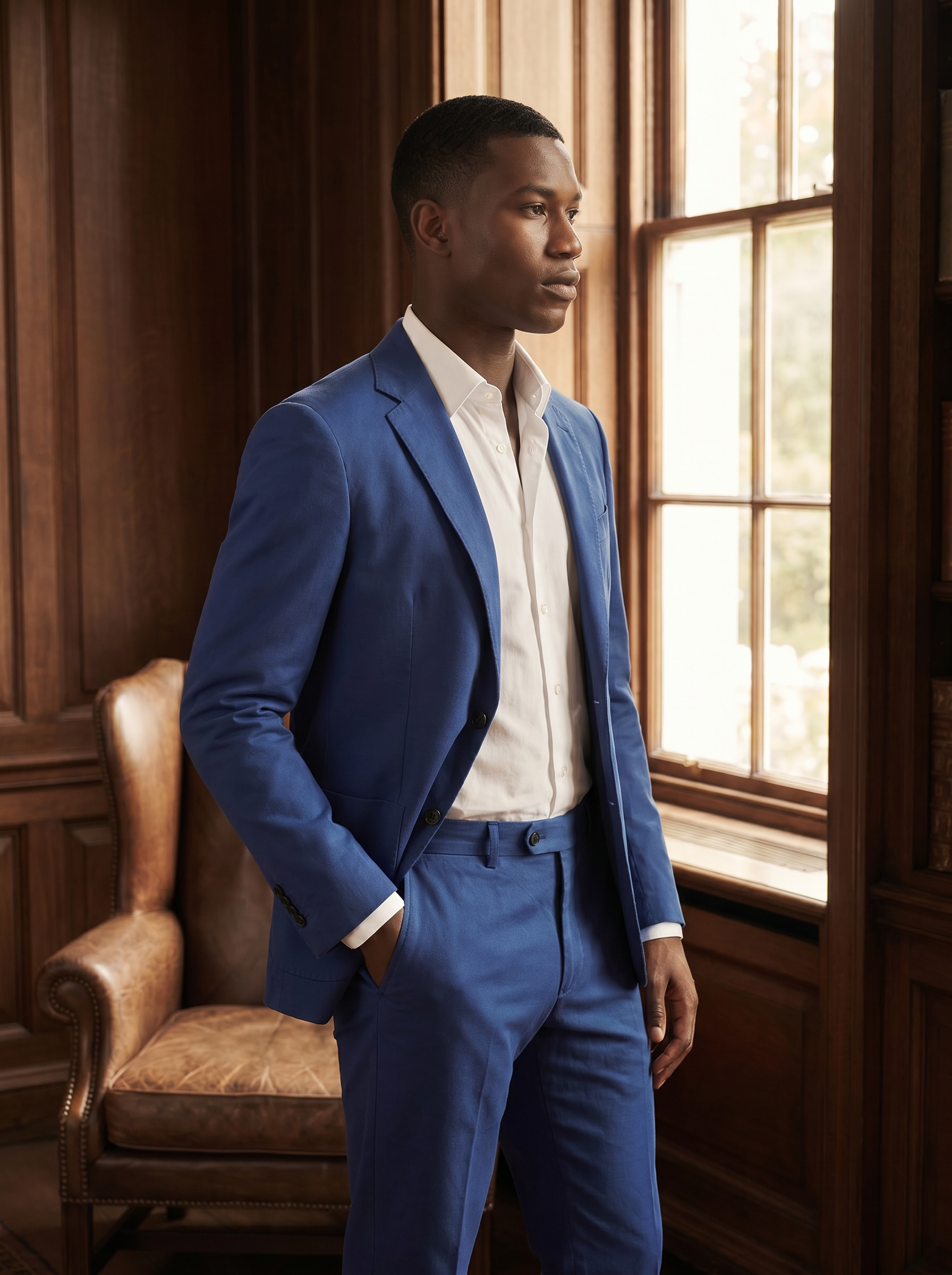 Royal Blue Cotton Suit — Custom Made to Measure - side view