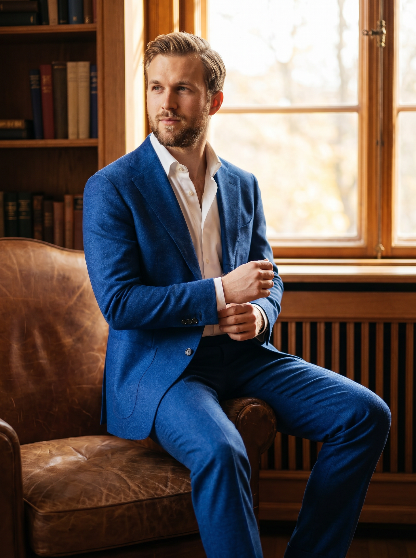 Royal Blue Flannel Suit — Custom Made to Measure - seated view