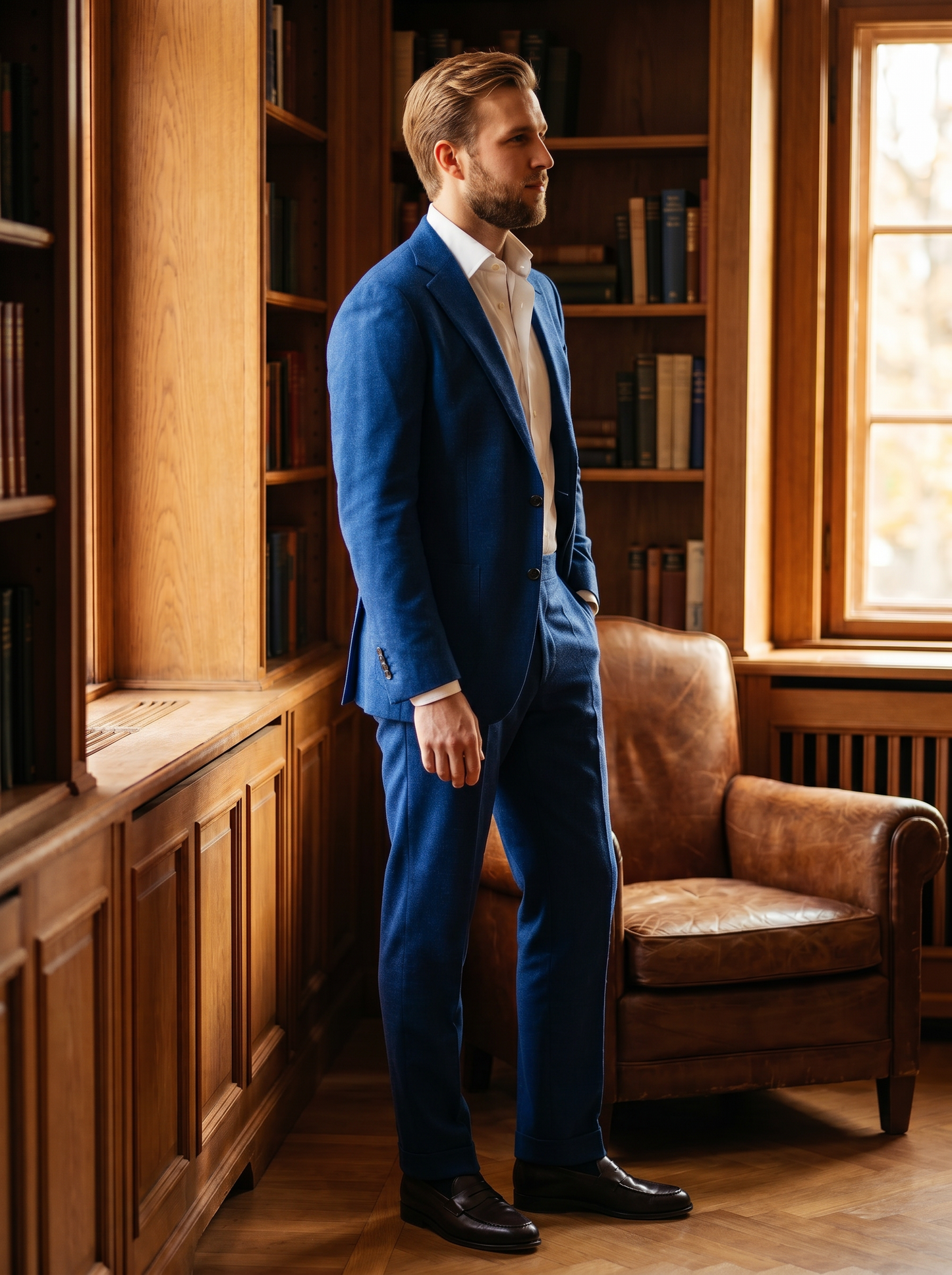 Royal Blue Flannel Suit — Custom Made to Measure - side view