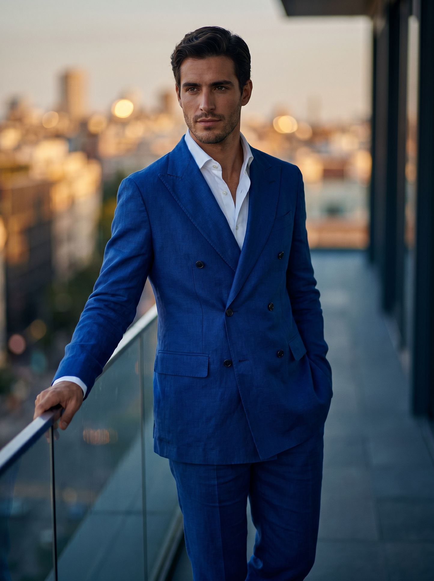Royal Blue Linen Double Breasted Suit — Custom Made to Measure - front view