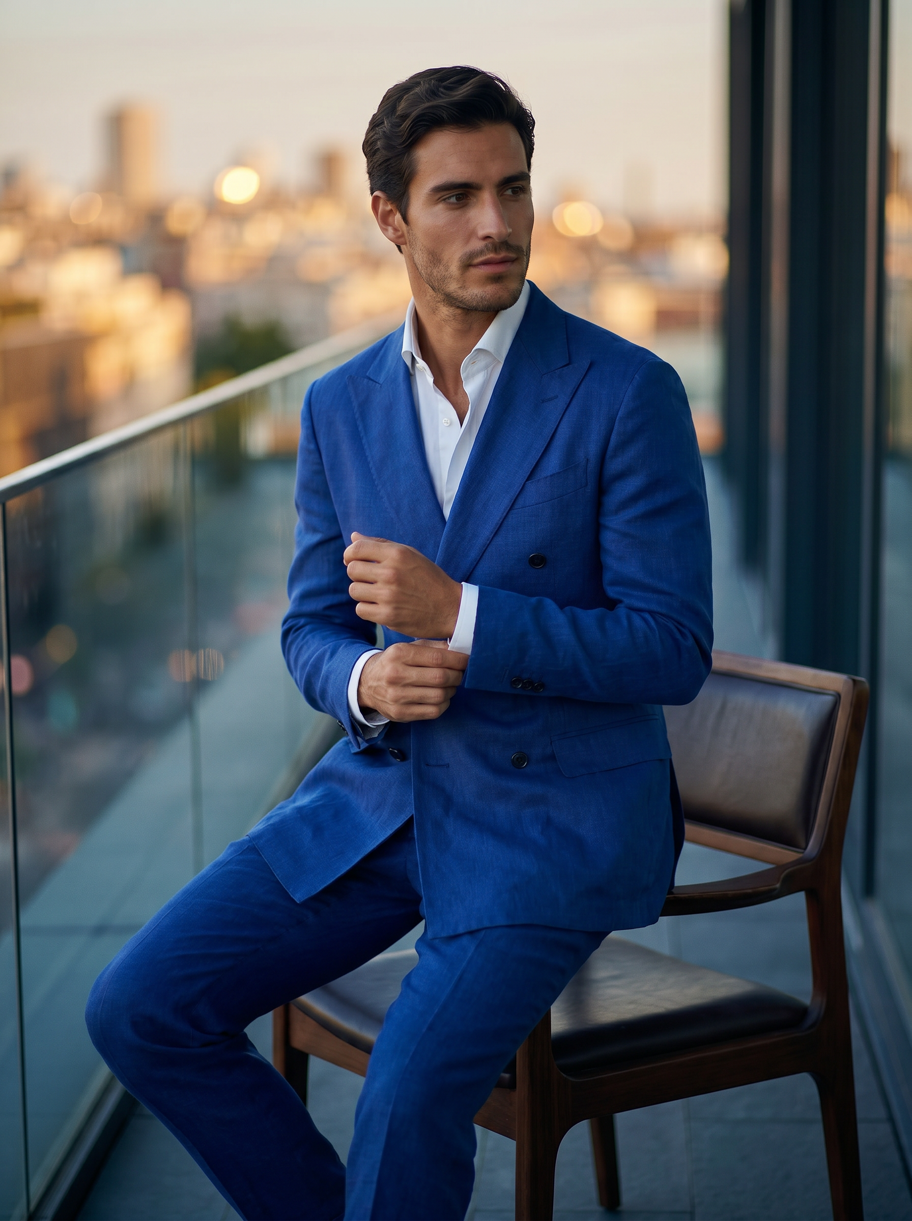 Royal Blue Linen Double Breasted Suit — Custom Made to Measure - seated view