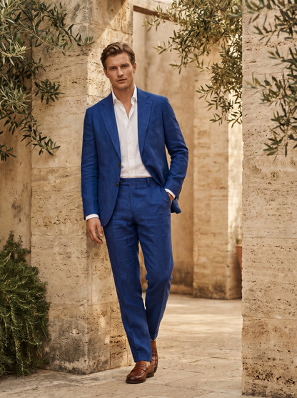 Royal Blue Linen Groomsmen Suit — Custom Made to Measure - front view