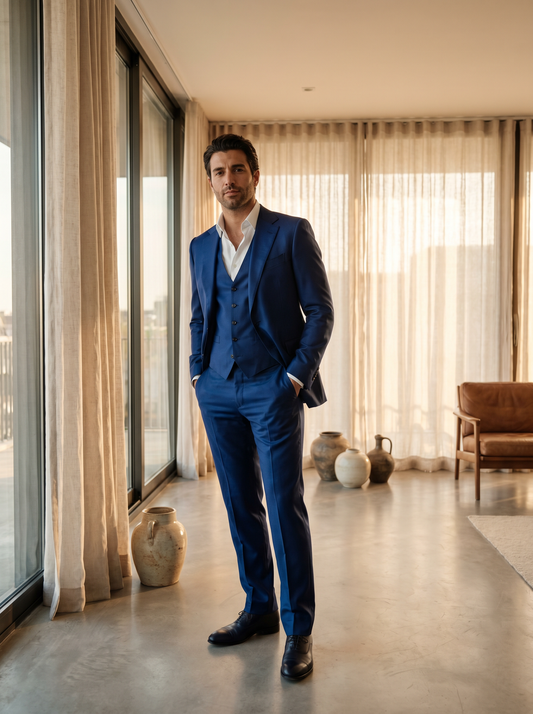 Royal Blue Silk Blend 3-Piece Suit — Custom Made to Measure - front view