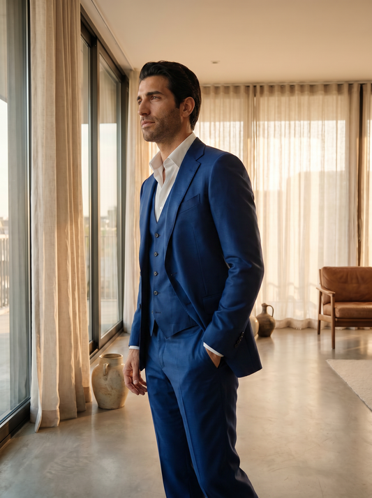 Royal Blue Silk Blend 3-Piece Suit — Custom Made to Measure - side view