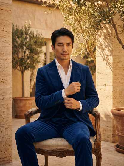 Royal Blue Velvet 3-Piece Suit — Custom Made to Measure - seated view